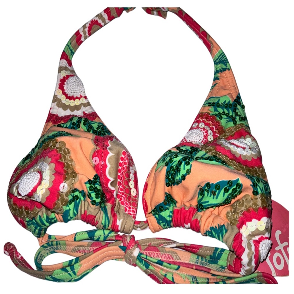 Vintage NWT RARE SOFIA By Vix Bikini Top Size L Sequin & Beaded Trim Exotic